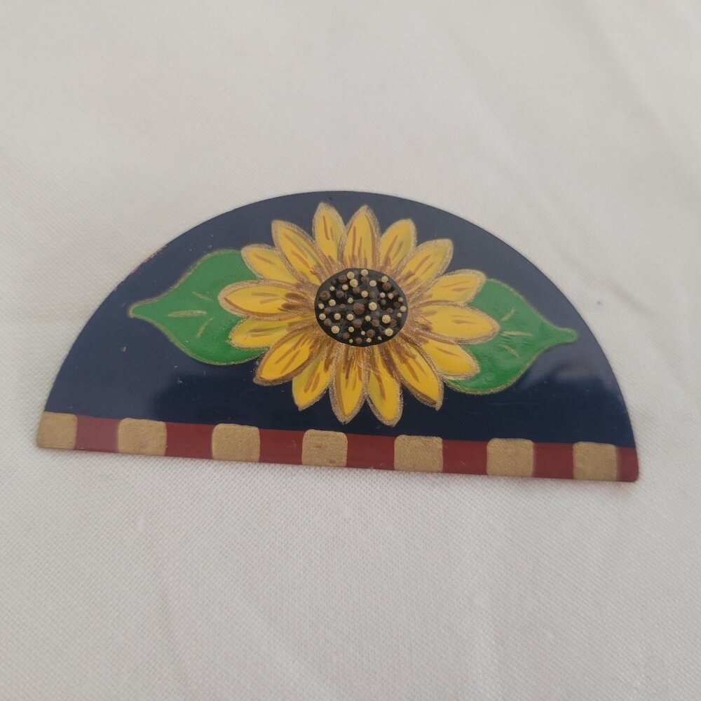 Hand-Painted Sunflower Copper Brooch Pin Half-Moon Shape Vintage Style Artisan C